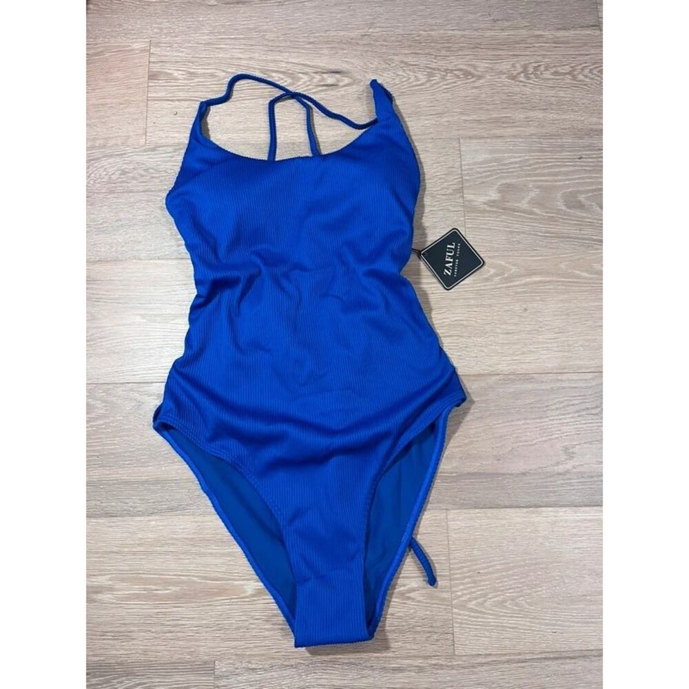 NWT Zaful Royal Blue Ribbed One Piece Swimsuit Size L